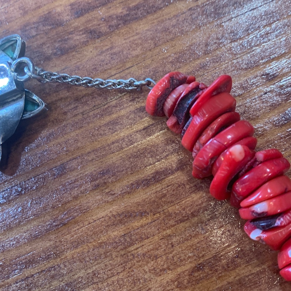 Red Coral with Turquoise Clasp Navajo Necklace - Picture 12 of 17
